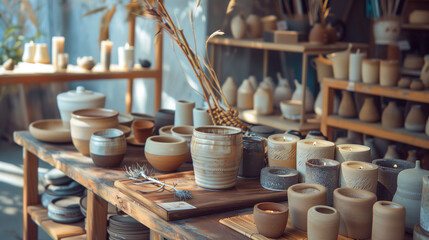 A variety of ceramic products and candles, carefully crafted with love for detail, were placed on a wooden table.