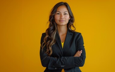 A young adult woman with arms crossed poses in front of a bright yellow background