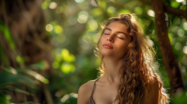 The woman sits in the lotus position, in complete meditation. Her closed eyes and calm face seem to be in harmony with the surrounding nature.