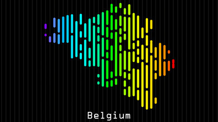 A map of Belgium is presented in the form of colorful vertical lines against a dark background. The country's borders are depicted in the shape of a rainbow-colored diagram.