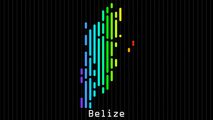 Fototapeta premium A map of Belize is presented in the form of colorful vertical lines against a dark background. The country's borders are depicted in the shape of a rainbow-colored diagram.