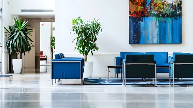 A modern waiting room with bright lighting, blue chairs, decorative plants, and colorful wall art 