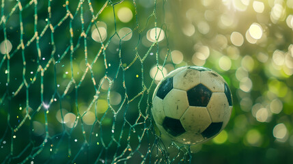 Obraz premium A soccer ball is in the goal net with a lit green background behind it.