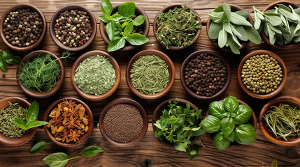 A variety of fresh herbs and spices are arranged on a solid wooden table, creating a colorful and fragrant palette of flavors.