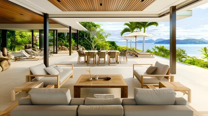 Fototapeta premium Modern luxury beach house interior with ocean view, perfect for a summer getaway advertisement. 