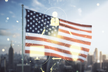 Double exposure of social network icons hologram on US flag and city background. Networking concept