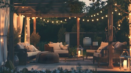 Cozy outdoor patio with comfortable furniture and string lights at dusk offers a serene setting for relaxation and entertainment. 