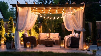 Cozy outdoor patio with elegant lighting and comfortable furniture at dusk, perfect for relaxation and evening gatherings. 