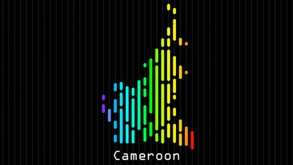 A map of Cameroon is presented in the form of colorful vertical lines against a dark background. The country's borders are depicted in the shape of a rainbow-colored diagram.