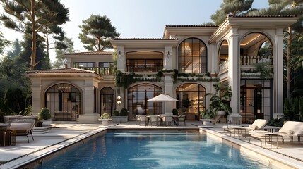 Luxurious two-story house with pool and garden at dusk. 