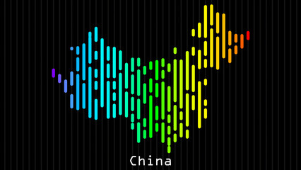 Fototapeta premium A map of China is presented in the form of colorful vertical lines against a dark background. The country's borders are depicted in the shape of a rainbow-colored diagram.