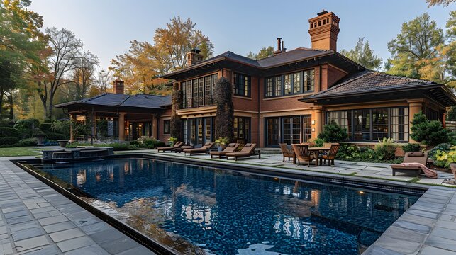 Luxurious brick house with a large swimming pool during a tranquil evening twilight 
