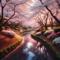 Enchanting Cherry Blossoms Over Serene River Path at Twilight