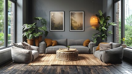 Modern living room interior with comfortable sofa and lush green plants by a large window with city view, illuminated by natural light. 