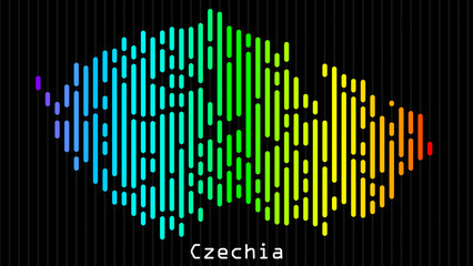 A map of Czechia is presented in the form of colorful vertical lines against a dark background. The country's borders are depicted in the shape of a rainbow-colored diagram.