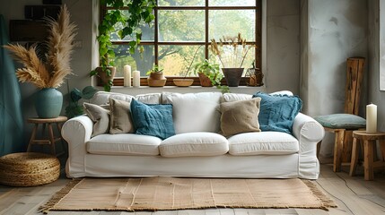 Cozy living room interior with comfortable white sofa and rustic decor elements by a window with natural light 