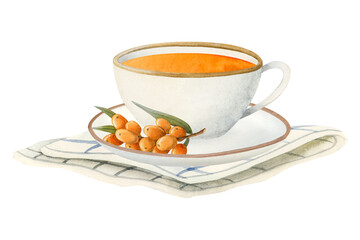 Herbal tea made of sea buckthorn in white cup with saucer and striped table napkin or towel watercolor illustration isolated on white. Orange berries for healthy recipes with natural drinks