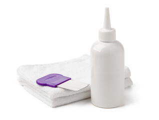 Comb, anti lice medicine and towel on white background