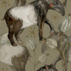 Cute Animals Tapirs and Plants, Seamless Hand Drawn Watercolor Pattern on Dark Beige Background