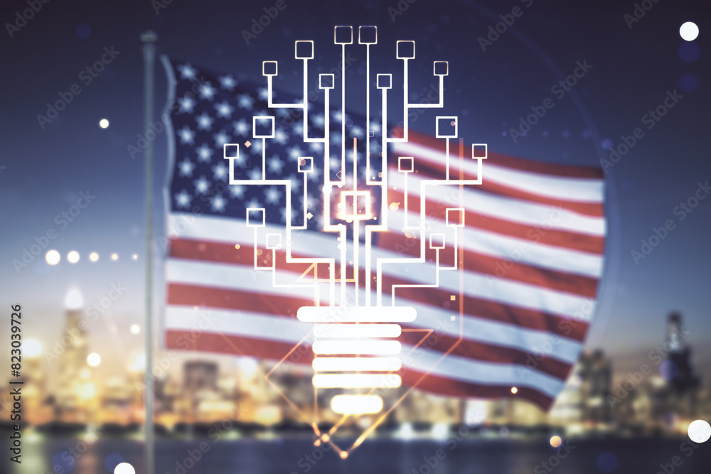 Poster double exposure of virtual creative light bulb hologram with chip on usa flag and blurry skyscrapers