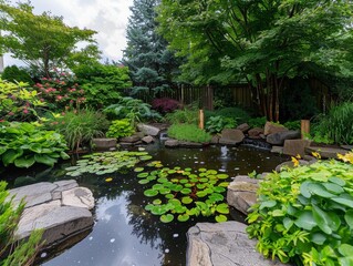 Serene backyard garden with pond and lush foliage