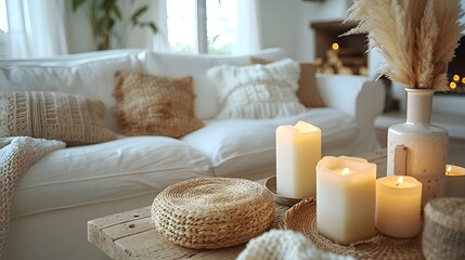 Cozy bedroom interior with decorative pillows, lit candles, and natural elements creating a peaceful ambiance.  - Powered by Adobe