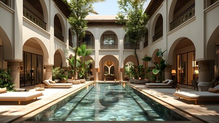 Elegant luxury hotel interior with a central swimming pool surrounded by arches and lounging areas under a clear sky. 