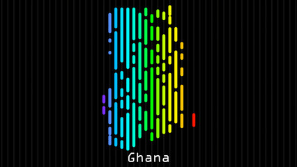 A map of Ghana is presented in the form of colorful vertical lines against a dark background. The country's borders are depicted in the shape of a rainbow-colored diagram.