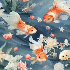Fototapeta premium Beautiful koi fish swimming in a serene pond with vibrant flowers and calm water, digital illustration art.