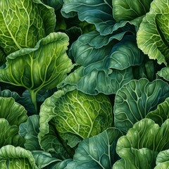 Obraz premium Close-up image of lush green cabbage leaves in a garden, showcasing detailed textures and vibrant color contrast.