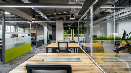 Obraz premium Modern and spacious office interior with glass partitions and wooden furniture design elements. 
