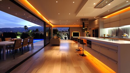Luxurious modern kitchen with LED lighting and panoramic view of the city at twilight 