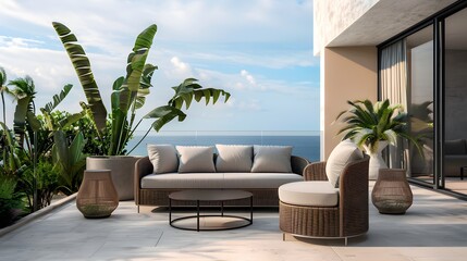 Fototapeta premium Modern outdoor patio with comfortable furniture and ocean view, perfect for relaxation and luxury living lifestyle. 
