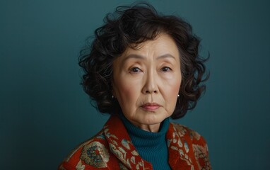 An older woman of Asian descent wearing a blue turtleneck sweater