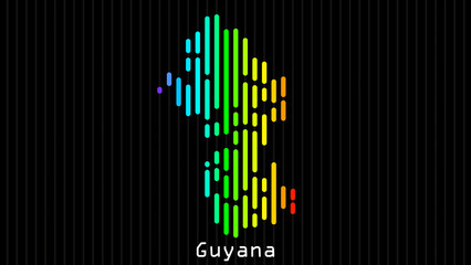 A map of Guyana is presented in the form of colorful vertical lines against a dark background. The country's borders are depicted in the shape of a rainbow-colored diagram.