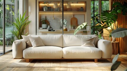 Modern airy living room with a comfortable white sofa, lots of green plants, and a kitchen in the background, illuminated by natural light from large windows. 