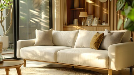 A modern, cozy living room with a comfortable beige sofa bathed in warm sunlight for a homely atmosphere.