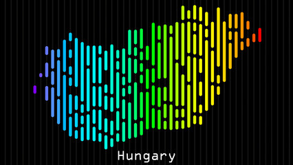 A map of Hungary is presented in the form of colorful vertical lines against a dark background. The country's borders are depicted in the shape of a rainbow-colored diagram.