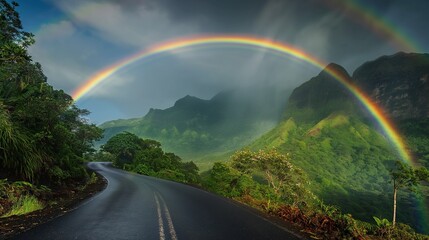 A mountain road with a perfect double rainbow arching over it after a passing rainstorm, with lush greenery on both sides. 32k, full ultra hd, high resolution