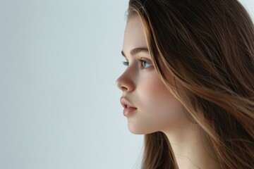 Naklejka premium A young woman with long brown hair gazing to the left against a light background
