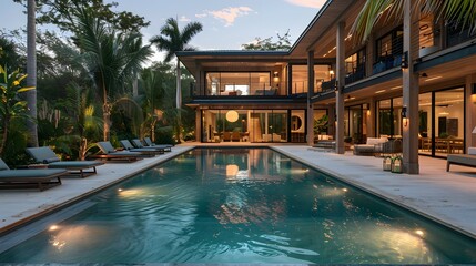 Luxurious tropical villa with a pool captured at twilight exudes tranquility and relaxation for exclusive getaways 