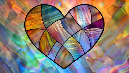 A heart symbol made from rainbow-colored stained glass, vibrant and translucent, against a background that transitions through a rainbow gradient.