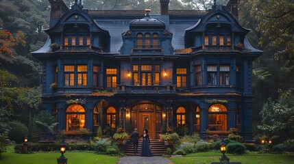 Fototapeta premium An elegant Victorian mansion illuminated at twilight with a couple standing on the front steps 