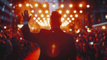 Celebrity A welldressed celebrity waving at fans on a red carpet close up, focus on smile fame realistic, Silhouette, red carpet event