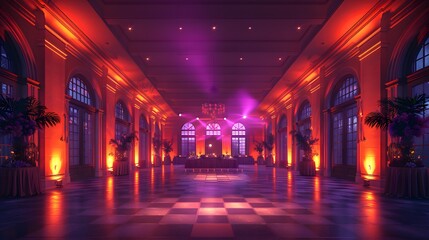 A grand ballroom is illuminated with purple and orange lights for an elegant evening event