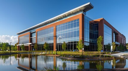 Obraz premium Modern glass office building with a reflection on a serene water pond under a clear blue sky 