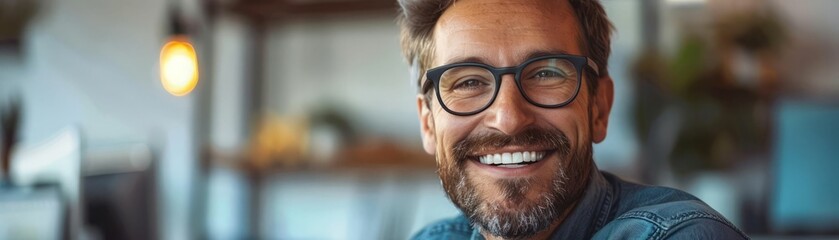 The photo shows a young man with. He is smiling and wearing glasses.