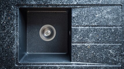 Composite granite sink in a sleek, modern kitchen, close-up detail highlighting its texture and color variety, isolated background, studio lighting for clarity