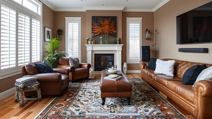 A cozy and elegant living room interior with leather sofas, a fireplace, and warm neutral tones accented by an autumn-themed wall art. 