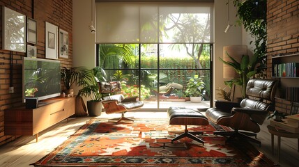 A modern living room bathed in sunlight with stylish furniture and a view of the garden outside. 